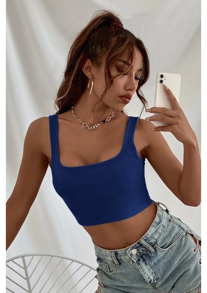 Kadın Lacivert Kalın Askılı Crop Top Büstiyer indirimleri