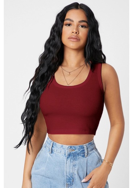 Kadın Bordo Kare Yaka Crop Top Bluz