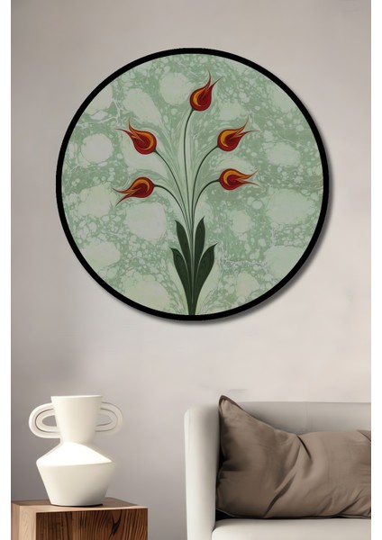 Çerçeve Görünümlü Lale Motifli Dekoratif Ahşap Mdf Işyeri Duvar Tablo Yuvarlak Işyeri Duvar Tablo