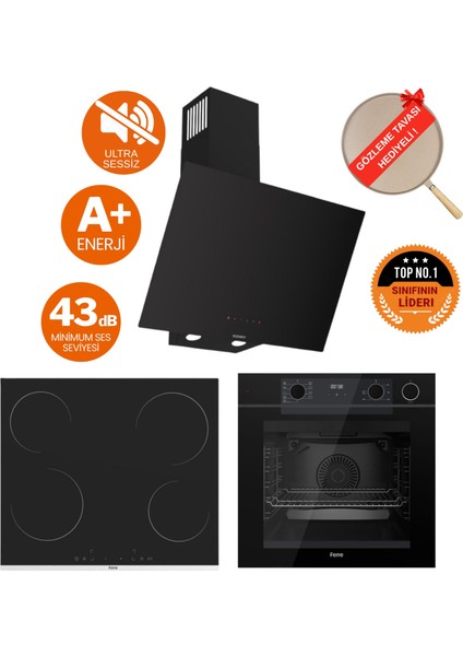 Fryart&buharlı Gesto Sessiz Davlumbaz Elektrikli Siyah Ank. Set (D077-SA + MS261 + QEP64CS)