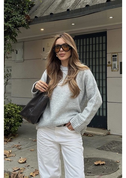 Gri Bisiklet Yaka Basic Kazak - 2217