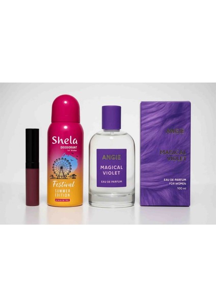 Angie Magical Violet Parfüm - Ruj -Shela Deodorant 3'lü Set