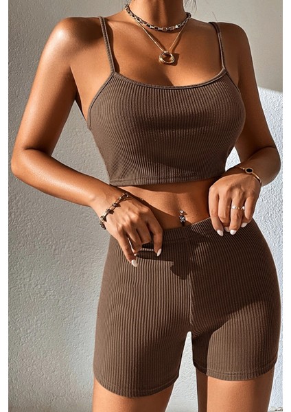 Kadın Kahverengi Şortlu Kaşkorse Gecelik Takım indirimleri