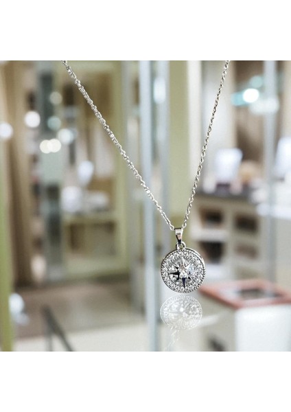 316L Paslanmaz Çelik Kadın Kolye Pusula Yıldız Taşlı Yuvarlak Medallion Suya Dayanıklı Şık Zarif Çelik Kolye 316L Çelik Kolye Kadın Gümüş Renk Çelik Kolye Taşlı Kolye Suya Dayanıklı Kolye Yıldız Kolye