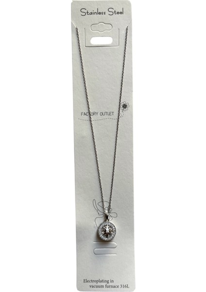 316L Paslanmaz Çelik Kadın Kolye Pusula Yıldız Taşlı Yuvarlak Medallion Suya Dayanıklı Şık Zarif Çelik Kolye 316L Çelik Kolye Kadın Gümüş Renk Çelik Kolye Taşlı Kolye Suya Dayanıklı Kolye Yıldız Kolye