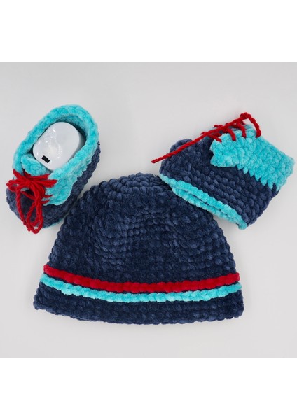 Kırmızılı Lacivert Tığ Işi Bebek Bere-Patik Takım