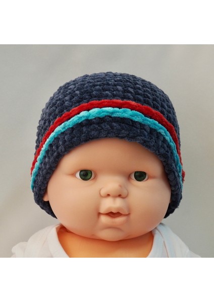 Kırmızılı Lacivert Tığ Işi Bebek Bere-Patik Takım modelleri