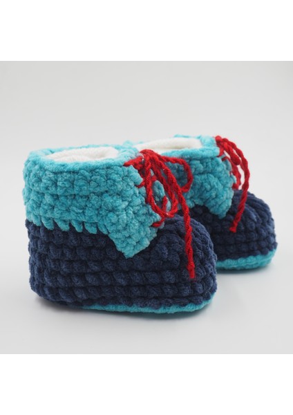 Kırmızılı Lacivert Tığ Işi Bebek Bere-Patik Takım