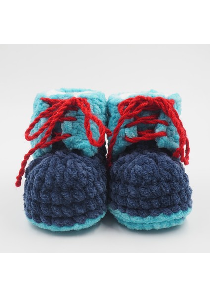 Kırmızılı Lacivert Tığ Işi Bebek Bere-Patik Takım