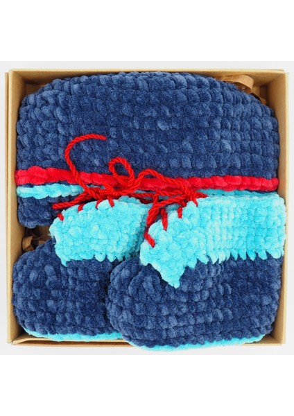 Kırmızılı Lacivert Tığ Işi Bebek Bere-Patik Takım