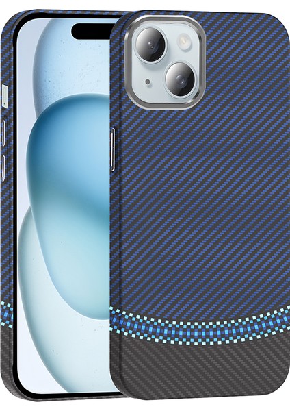 iPhone 15 Kılıf Magsafe Şarj Özellikli Karbon Fiber Görünümlü Aden Gros Kapak - Siyah-Lacivert