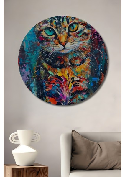 Renkli Kedi Dekoratif Ahşap Mdf Yuvarlak Ev,iş Yeri Duvar Tablo