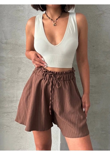 Volanlı Keten Şort Kahve S255058