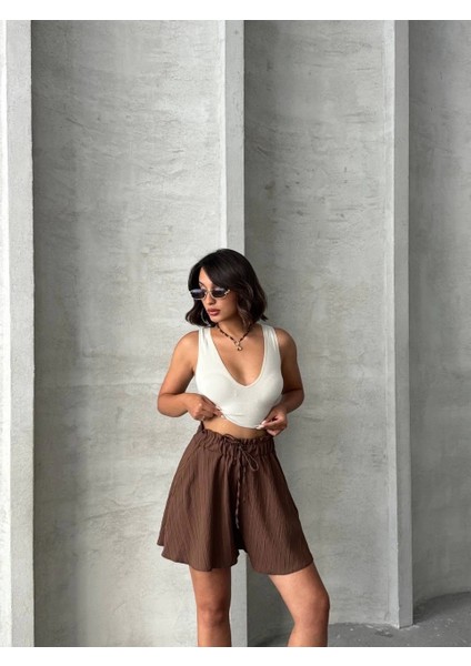 Volanlı Keten Şort Kahve S255058 fiyatları