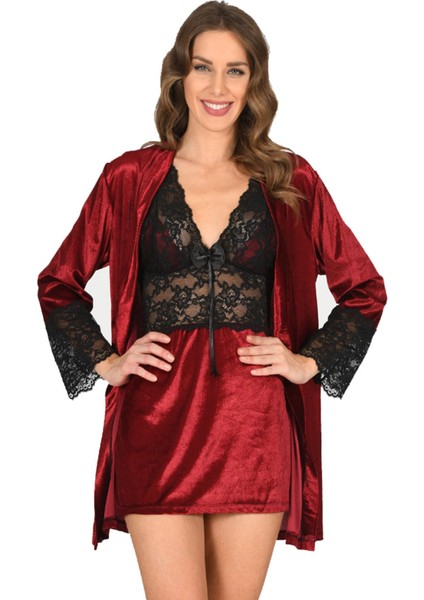 Bordo Kadife Sabahlık & Gecelik Takım 2' Li - 1445 fiyatları