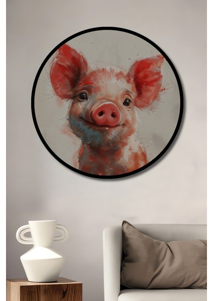 Çerçeve Görünümlü Sevimli Domuzcuğun Sanatsal Bakışı Ahşap Mdf Dekoratif Tablo Yuvarlak Tablo