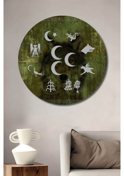 Kurt ve Hilal Motifli Ahşap Mdf Dekoratif Ev/işyeri Duvar Tablo Yuvarlak Ev/işyeri Duvar Tablo