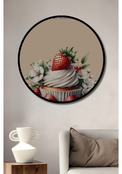 Çerçeve Görünümlü Çilekli Cupcake Dekoratif Ahşap Mdf Ev Duvar Tablo Yuvarlak Ev Duvar Tablo