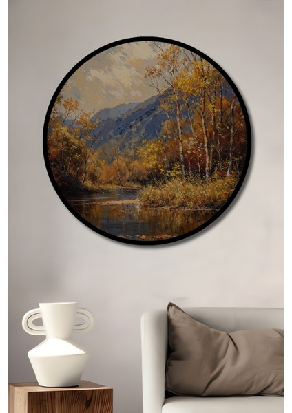 Çerçeve Görünümlü Sonbahar Doğası Ahşap Mdf Dekoratif Ev Duvar Tablo Yuvarlak Ev Duvar Tablo