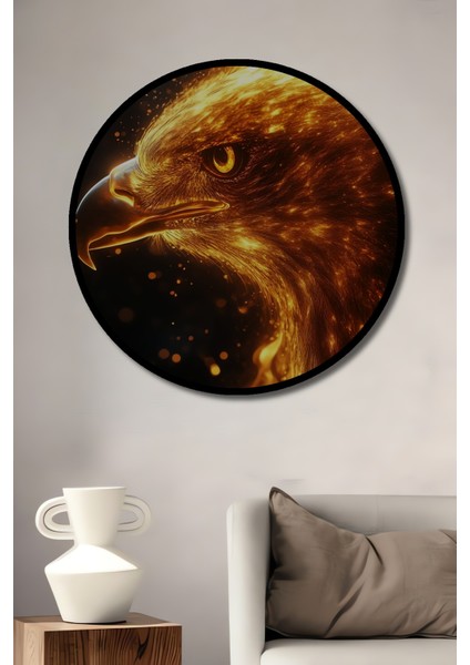 Çerçeve Görünümlü Ateş Kartalı Dekoratif Ahşap Mdf Işyeri Duvar Tablo Yuvarlak Işyeri Duvar Tablo