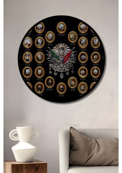 Çerçeve Görünümlü Osmanlı Imparatorları Portreleri Dekoratif Ahşap Mdf Tablo Yuvarlak Tablo