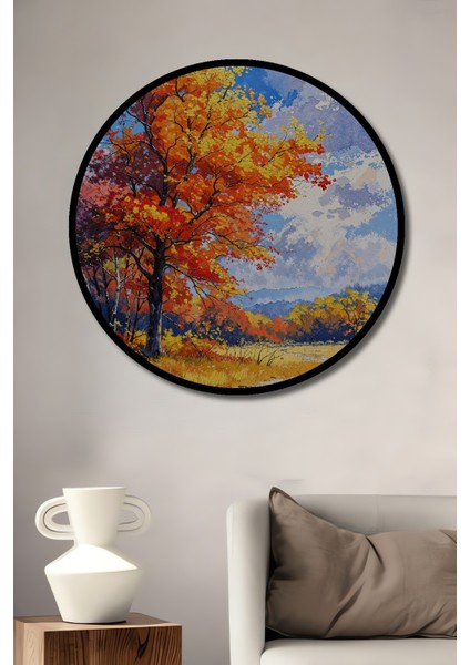 Çerçeve Görünümlü Sonbahar Manzarası Dekoratif Ahşap Mdf Ev Duvar Tablo Yuvarlak Ev Duvar Tablo