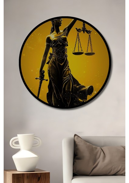 Çerçeve Görünümlü Adalet Heykeli Dekoratif Ahşap Mdf Ev Duvar Tablo Yuvarlak Ev Duvar Tablo