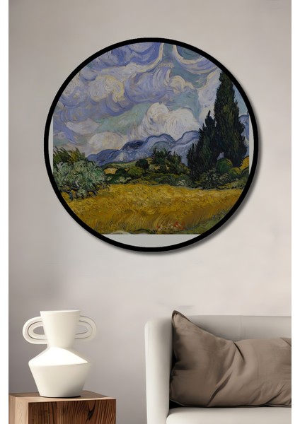 Çerçeve Görünümlü Van Gogh Buğday Tarlası Dekoratif Ahşap Mdf Yuvarlak Ev,iş Yeri Duvar Tablo