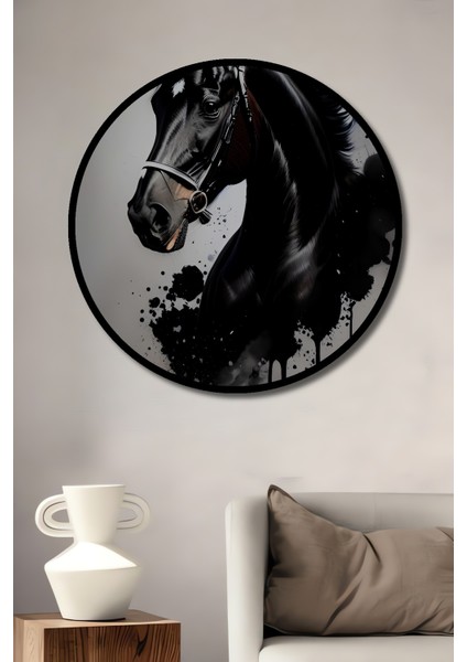 Çerçeve Görünümlü Asil Siyah At Dekoratif Ahşap Mdf Ev Duvar Tablo Yuvarlak Ev Duvar Tablo