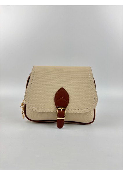 Kadın Kumaş Beyaz Tokalı Kapaklı Şık Mini Boy El ve Omuz Çantası