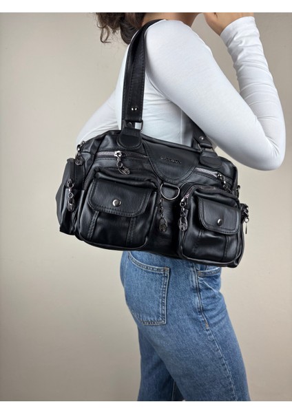 Kadın Suni Deri Siyah Çok Cepli Modern Maxi Boy Omuz Çantası