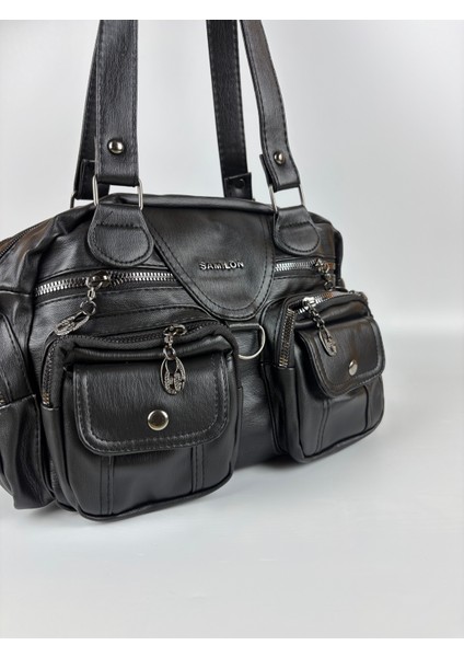 Kadın Suni Deri Siyah Çok Cepli Modern Maxi Boy Omuz Çantası fiyatları