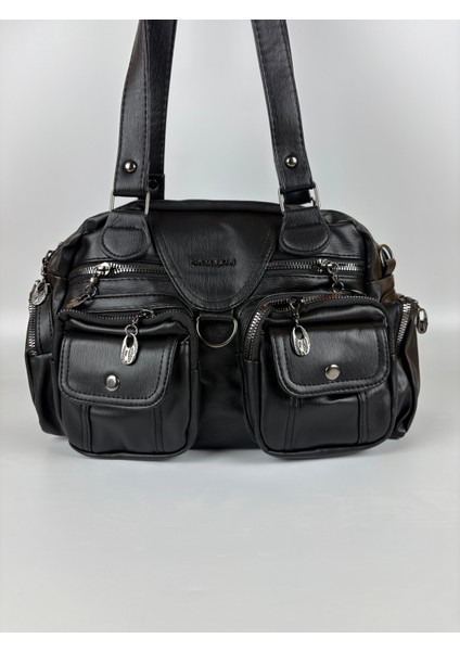 Kadın Suni Deri Siyah Çok Cepli Modern Maxi Boy Omuz Çantası modelleri