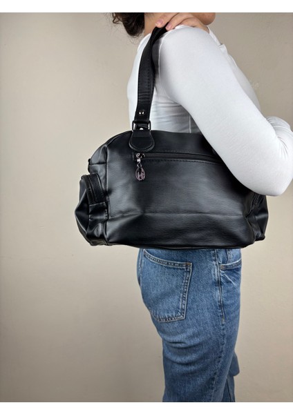 Kadın Suni Deri Siyah Çok Cepli Modern Maxi Boy Omuz Çantası fırsatları