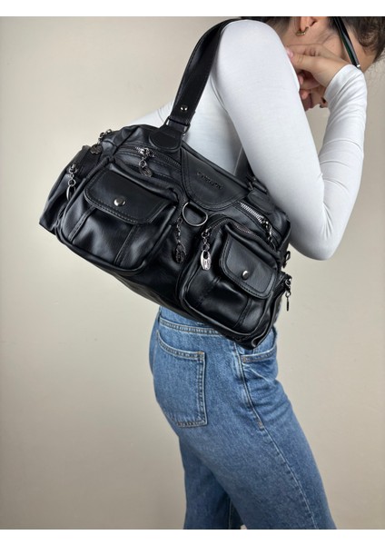 Kadın Suni Deri Siyah Çok Cepli Modern Maxi Boy Omuz Çantası indirimleri