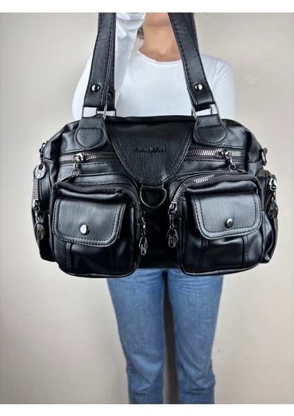 Kadın Suni Deri Siyah Çok Cepli Modern Maxi Boy Omuz Çantası