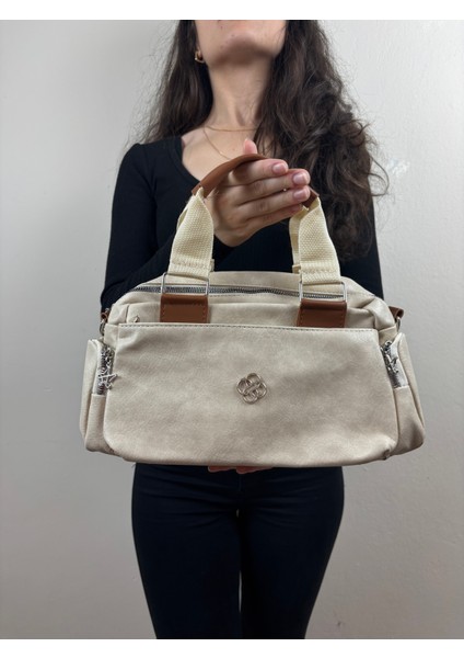 Kadın Suni Deri Krem Çok Gözlü Casual Midi Boy Omuz Çantası