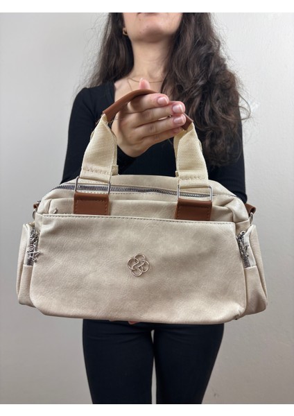 Kadın Suni Deri Krem Çok Gözlü Casual Midi Boy Omuz Çantası fiyatları