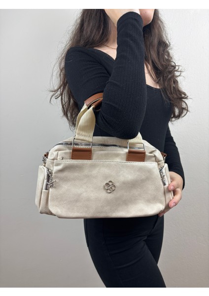 Kadın Suni Deri Krem Çok Gözlü Casual Midi Boy Omuz Çantası fırsatları