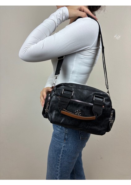 Kadın Suni Deri Siyah Çok Gözlü Casual Midi Boy Omuz Çantası