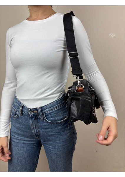 Kadın Suni Deri Siyah Çok Gözlü Casual Midi Boy Omuz Çantası fiyatları