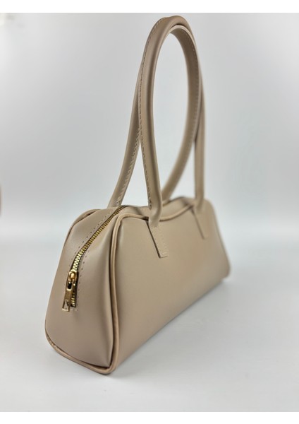 Kadın Suni Deri Krem Uzun Form Baget Minimal Midi Boy Omuz Çantası modelleri