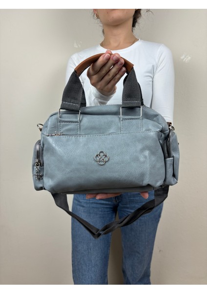 Kadın Suni Deri Bej Çok Gözlü Casual Midi Boy Omuz Çantası