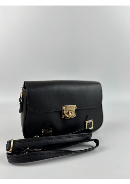 Kadın Suni Deri Siyah Tokalı Retro Mini Boy El ve Omuz Çantası