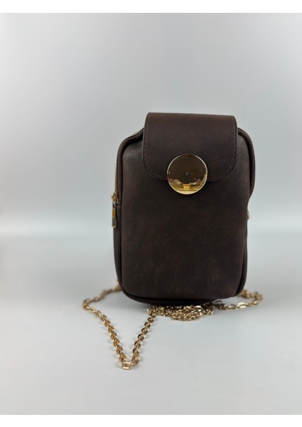 Kadın Süet Kahve Zincir Askılı Kapaklı Mini Boy Çapraz Çanta