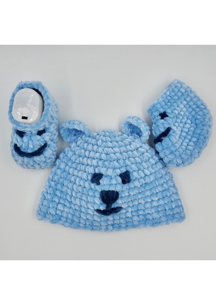 Ayıcık Mavi Tığ Işi Bebek Bere-Patik Takım