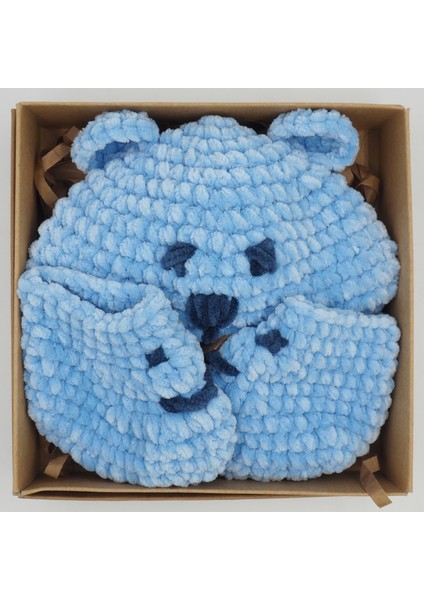 Ayıcık Mavi Tığ Işi Bebek Bere-Patik Takım