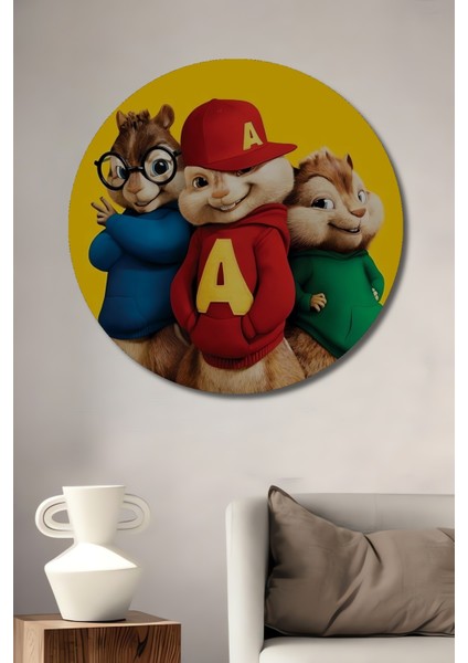 Alvin ve Sincaplar Dekoratif Ahşap Mdf Ev/işyeri Duvar Tablo Yuvarlak Ev/işyeri Duvar Tablo