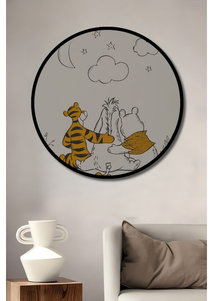 Çerçeve Görünümlü Winnie The Pooh ve Arkadaşı Tigger Ahşap Mdf Dekoratif Tablo Yuvarlak Tablo