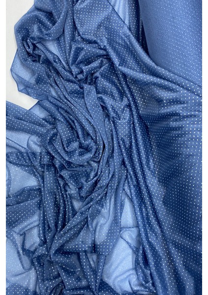 Yağmur Damlası Simli Abiye Elbise Şallık Tül Kumaş Indigo Mavi 89